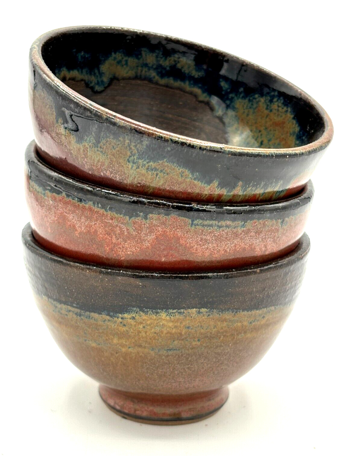Stoneware Snack Bowls Firewood Kiln Glaze Set of 3 Wheel Thrown Studio Art