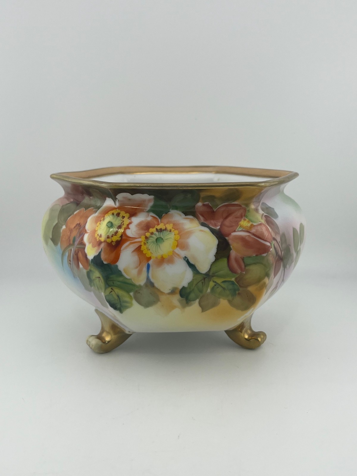 Antique Nippon Hand Painted Footed Bowl Floral Gold Trim Hexagon Pre-1921