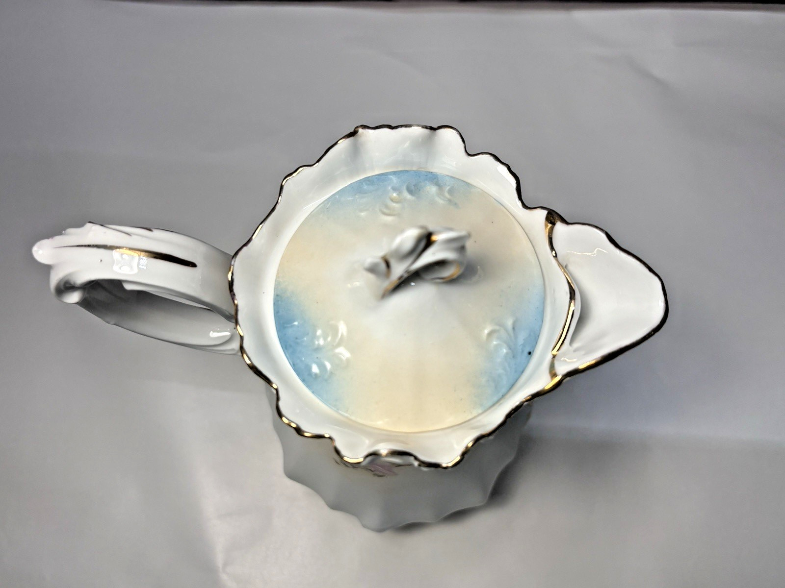 Antique R.S. Prussia Chocolate Pot with Lid Blue with Flowers FB-65