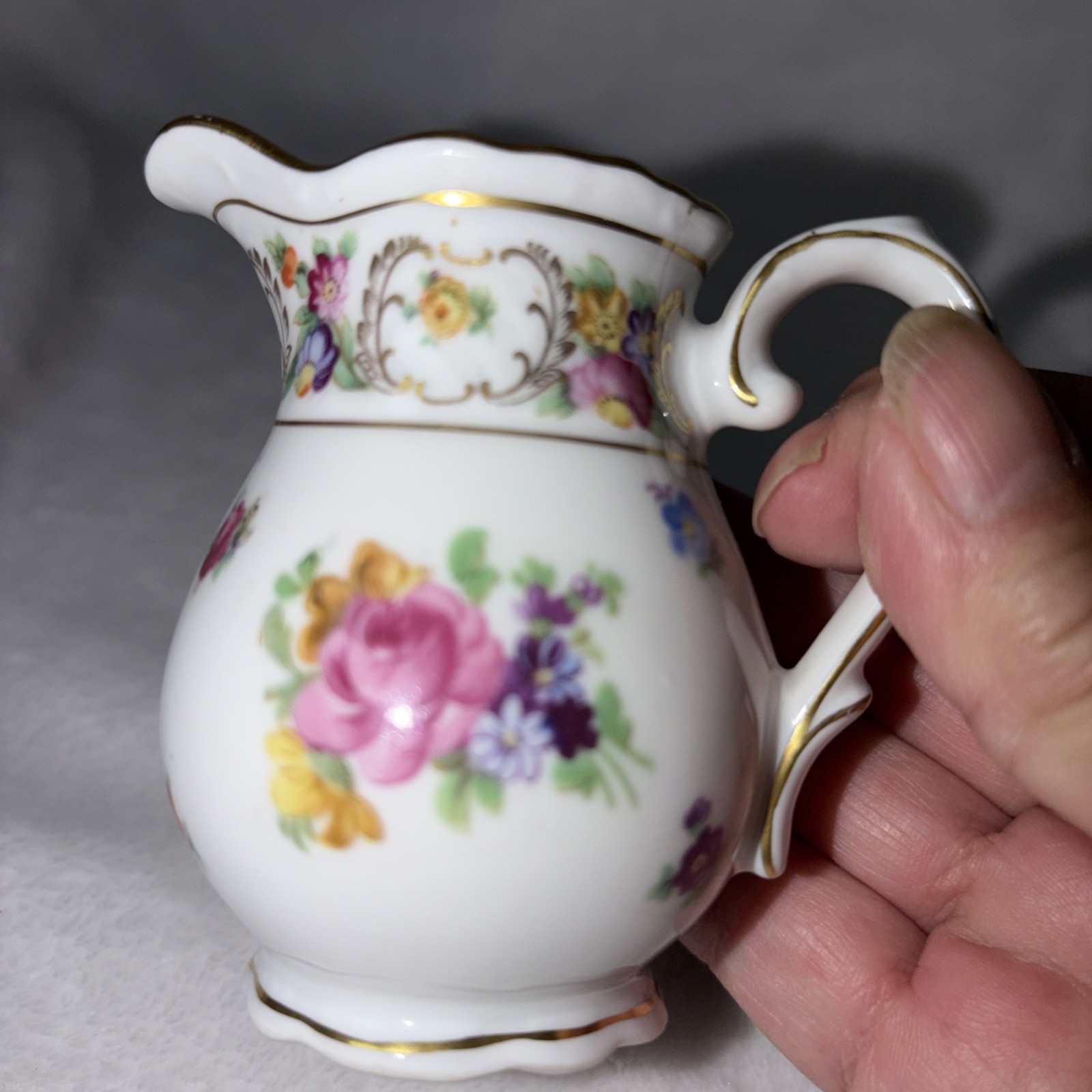 Schumann Germany Empress Dresden Flowers Footed Mini Creamer 3.25″ Vtg 70s EUC