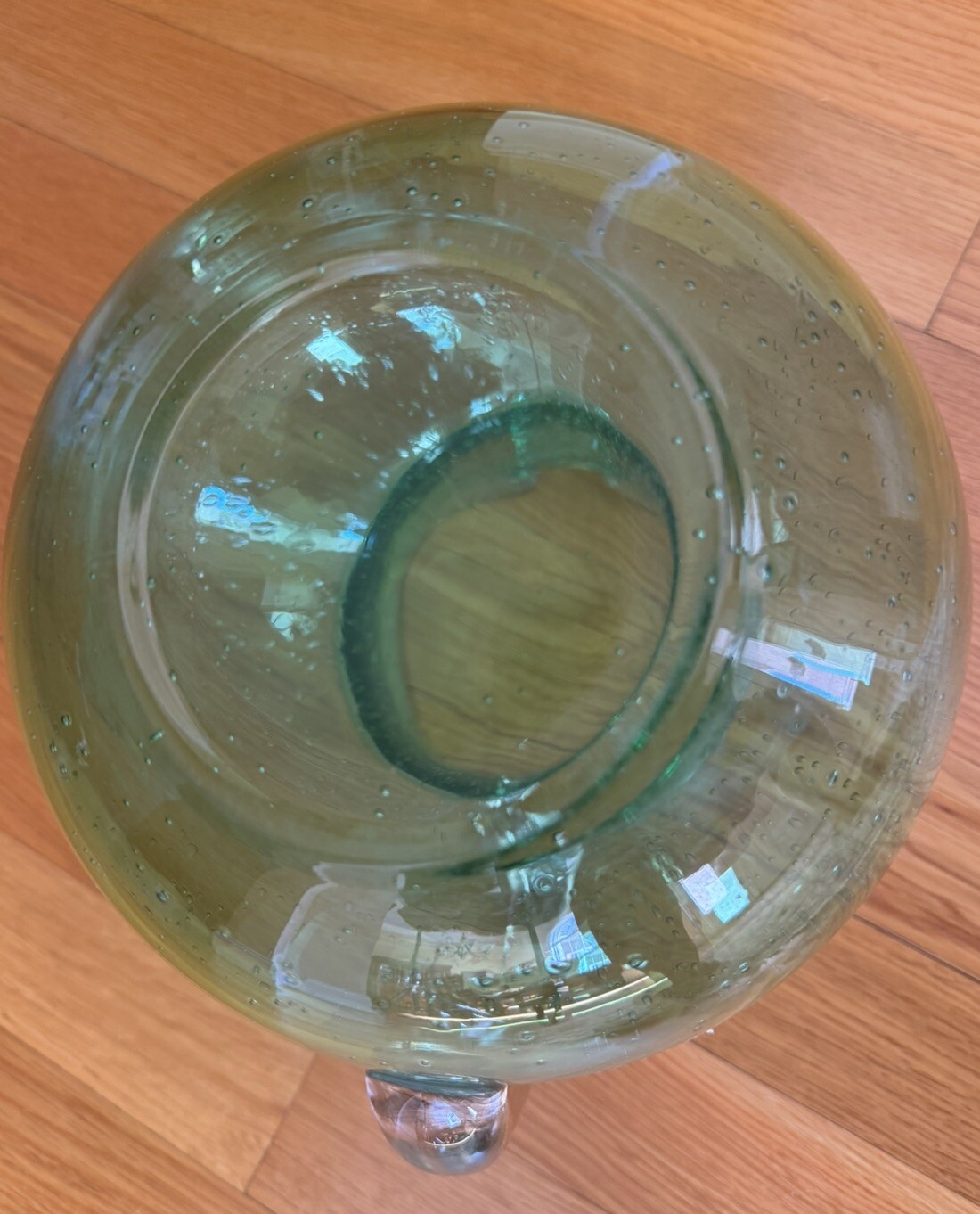 END 7/23 Large Hand Blown Green Bubble Glass Pitcher Heavy Applied Handle Seeded
