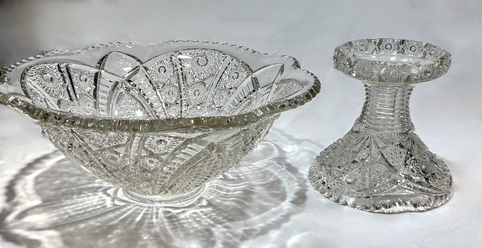 Antique Indiana Glass Paneled Daisy and Fine cut Clear Punch Bowl Base & 6 Cups