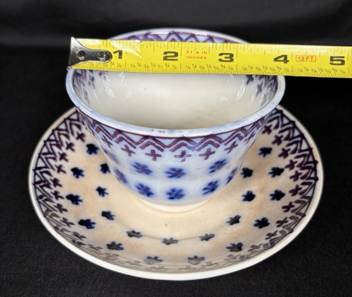 Antique Staffordshire Flow Blue Amish Snowflake Handleless Cup Saucer c1840