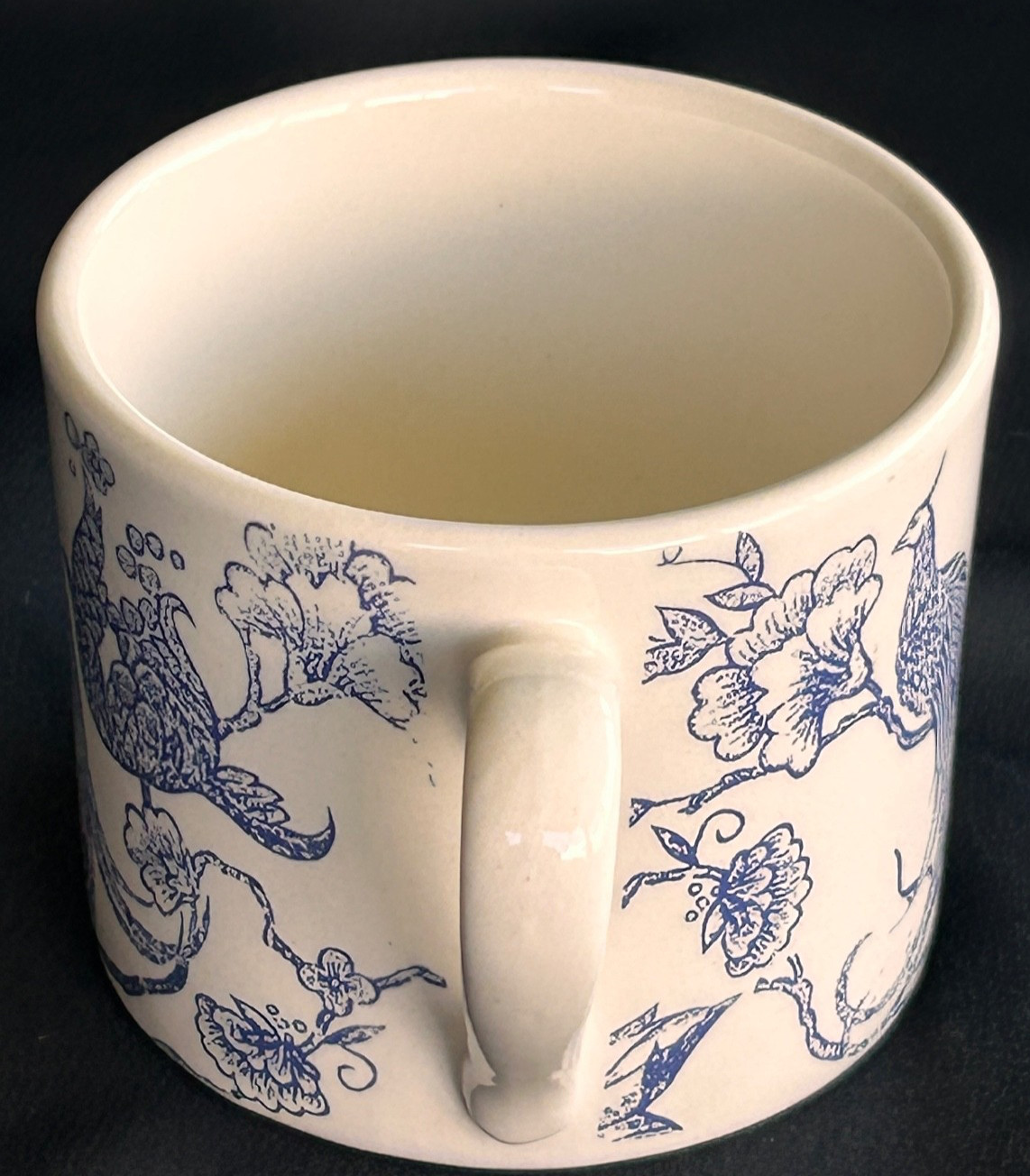 Staffordshire Engravings Flat Coffee Mug Cup BIRD OF PARADISE Blue White China