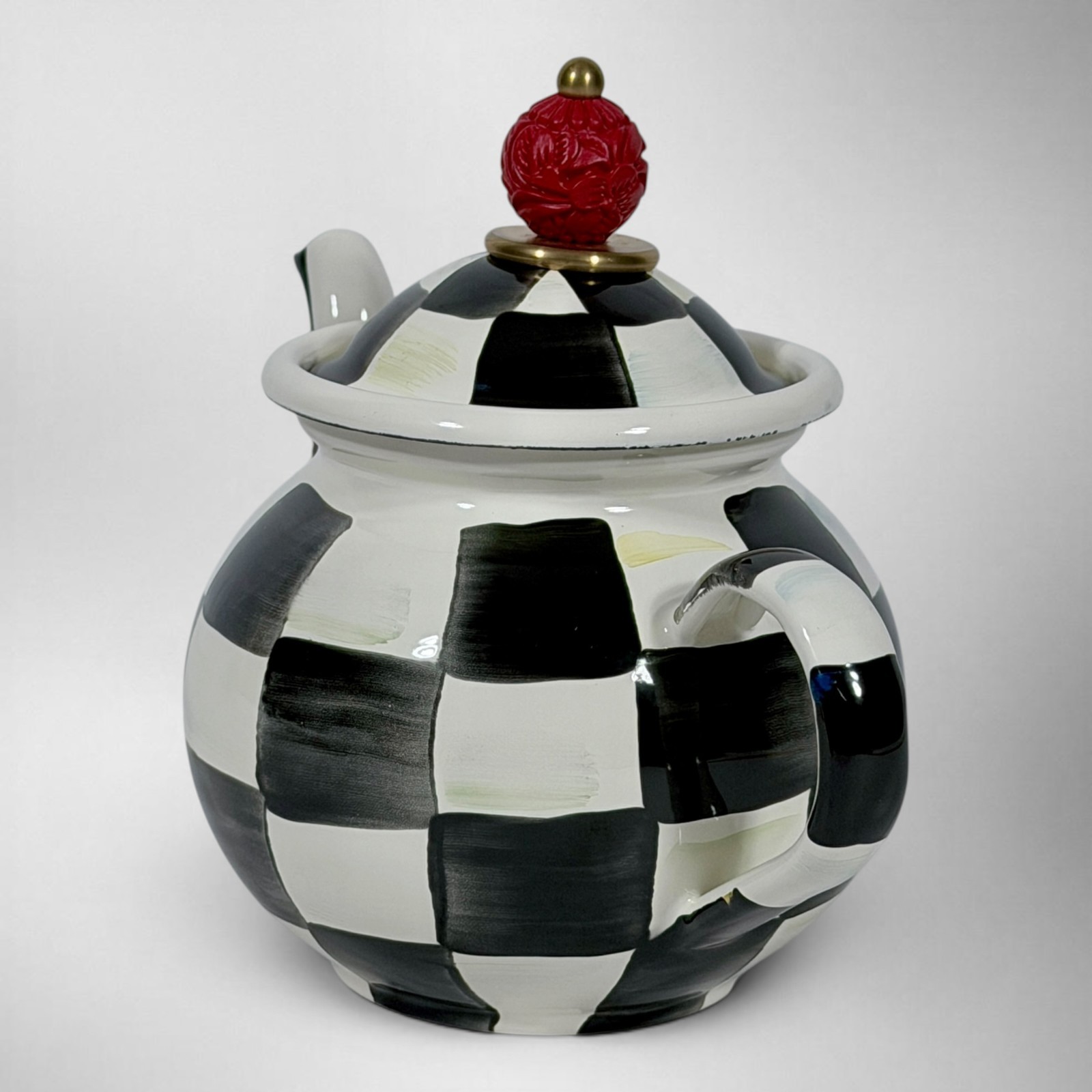 MacKenzie-Childs Courtly Check 4 Cup Enamel Teapot Red Finial Hand Painted