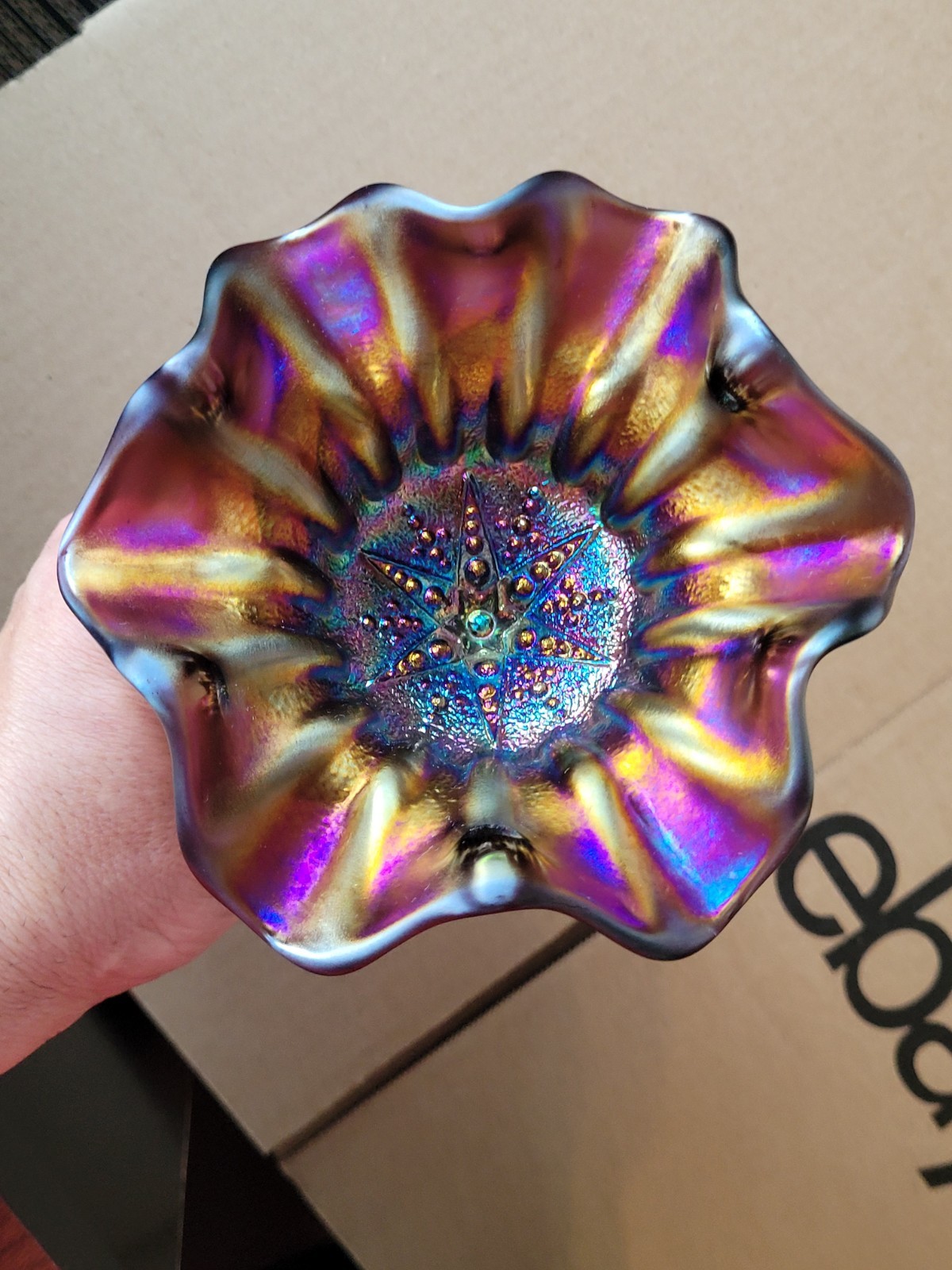 Super Purple Dugan Carnival Glass Constellation Compote S-Repeat Exterior