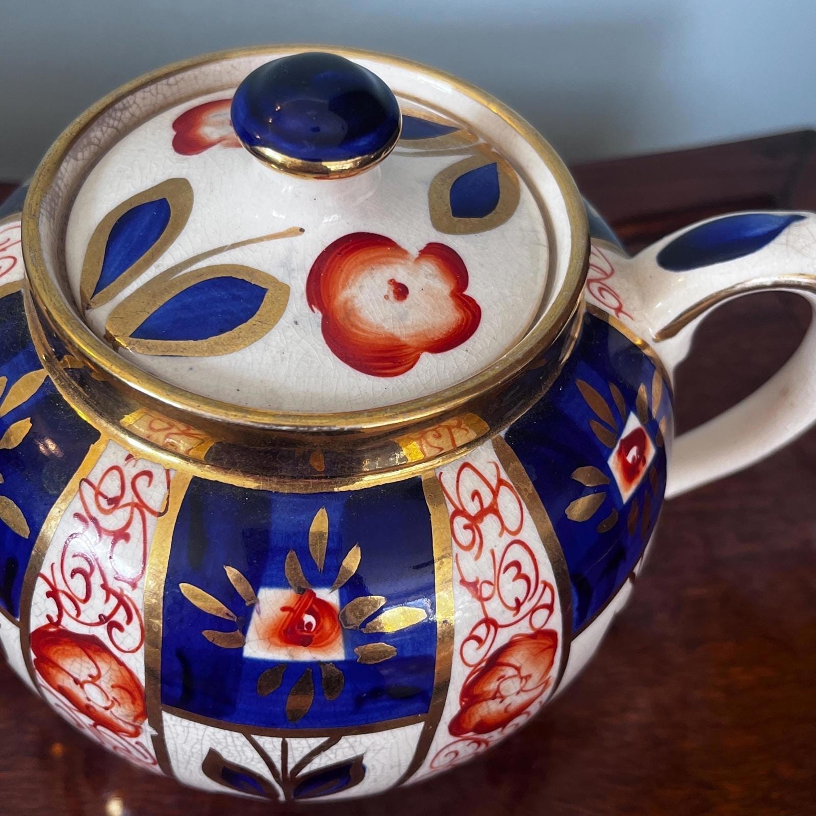 Sudlows Burlesom Gaudy Welsh Tea Pot Cobalt Blue, rust and gold pattern