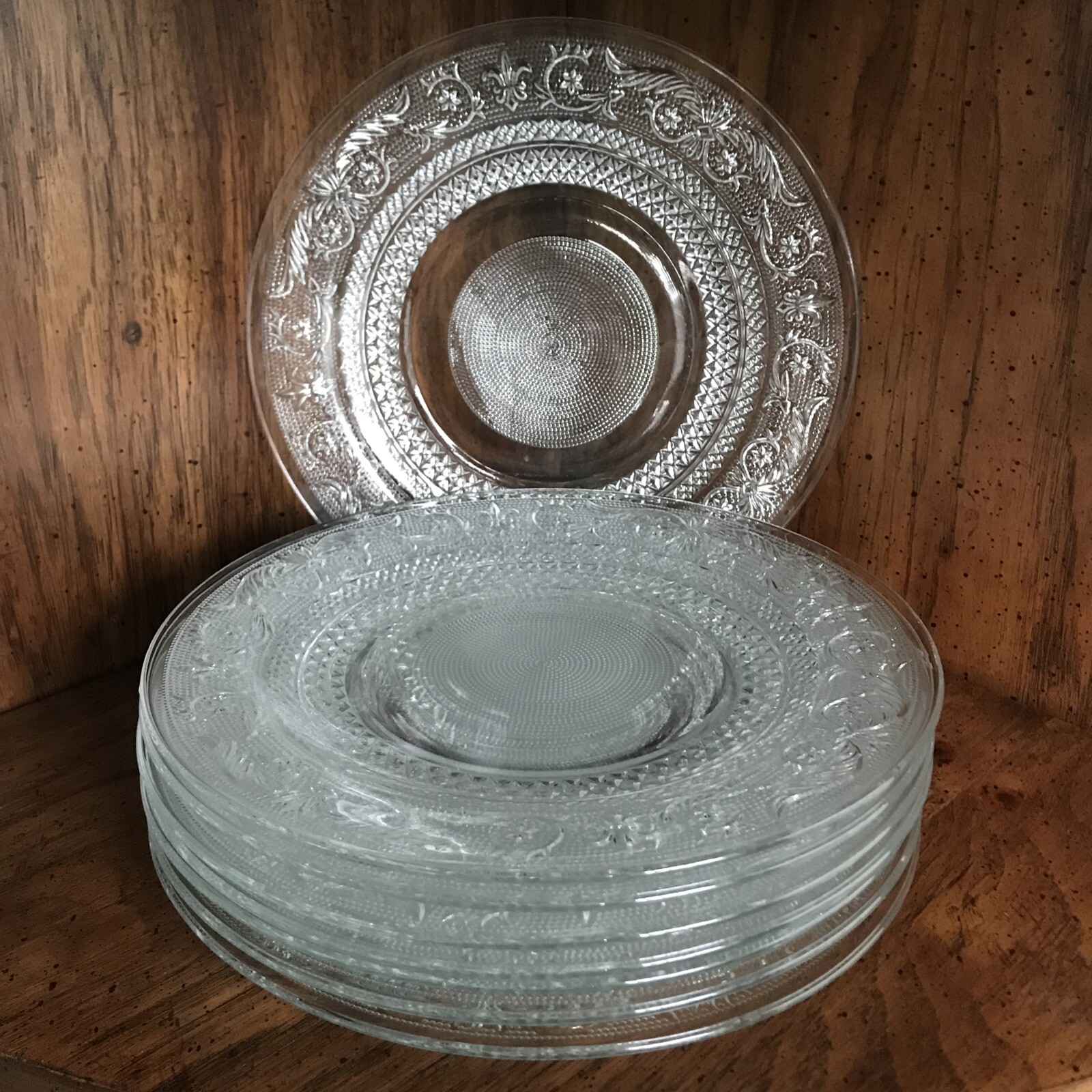 8 Kig Malaysia Trellis White Clear Glass 10″ Dinner Plates Lot Set Set of 8