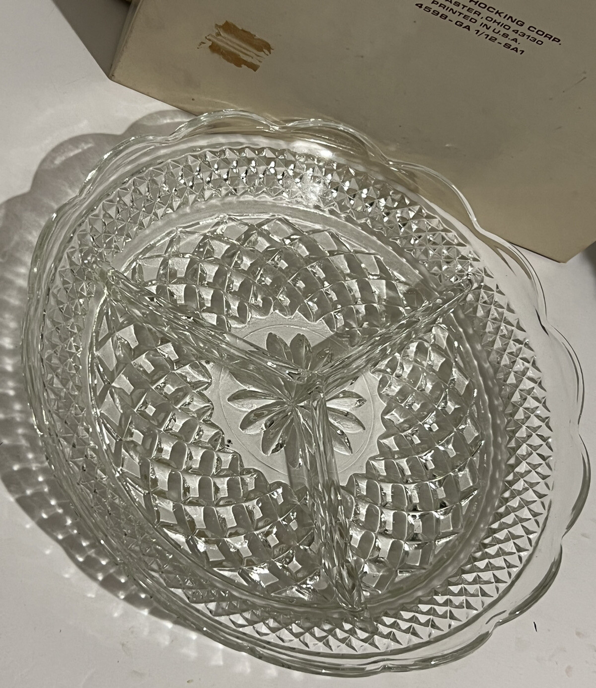 Wexford Crystal Anchor Hocking Glass 8 1/2″ Divided Dish In Original Box Vintage