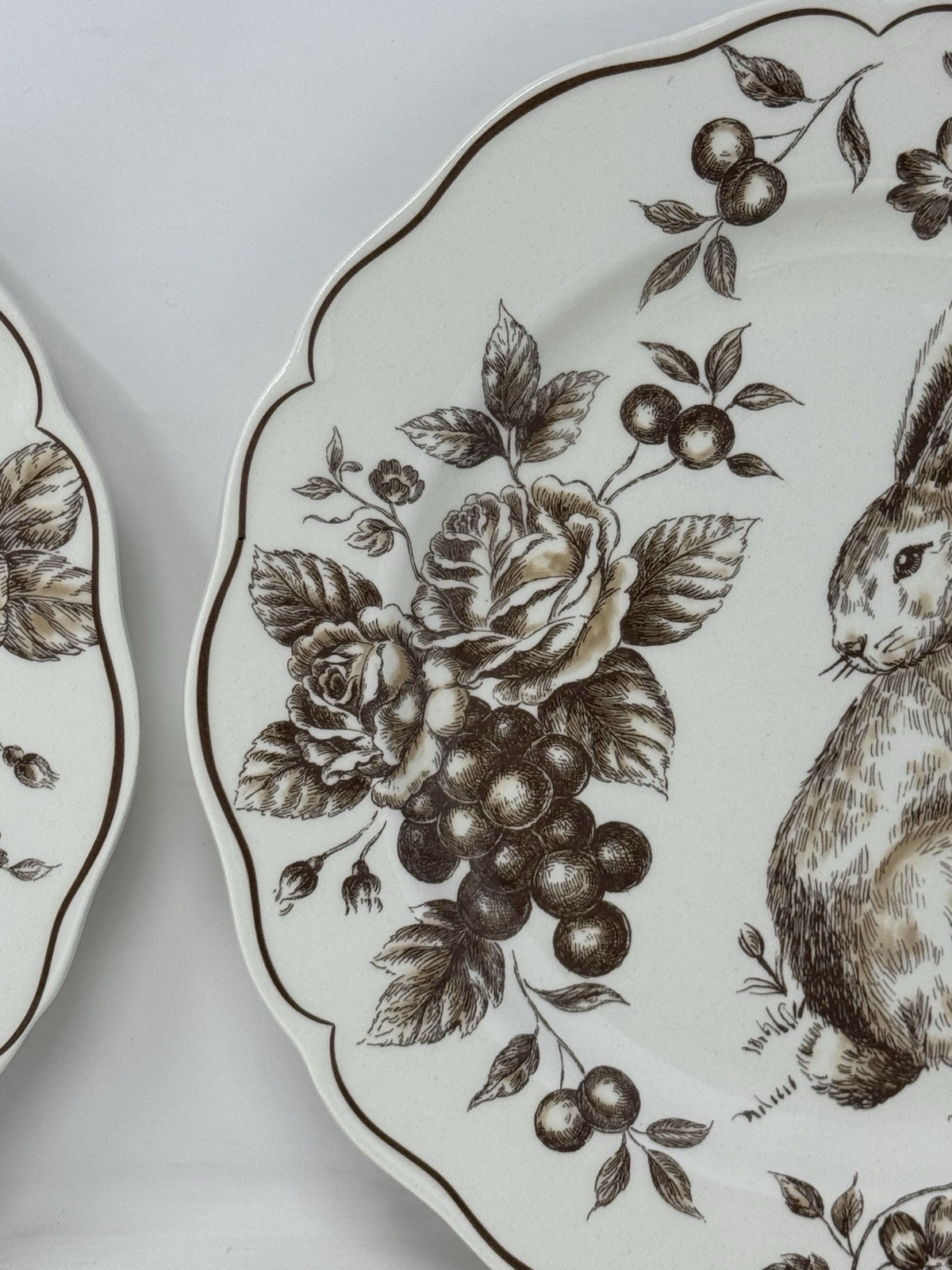 2 New Maxcera Toile Bunny Brown Rabbit Easter 11 1/2 Plates VHTF