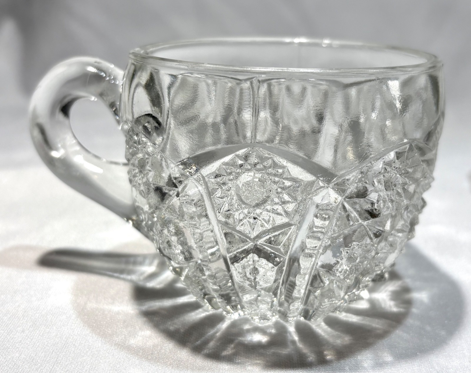 Antique Indiana Glass Paneled Daisy and Fine cut Clear Punch Bowl Base & 6 Cups