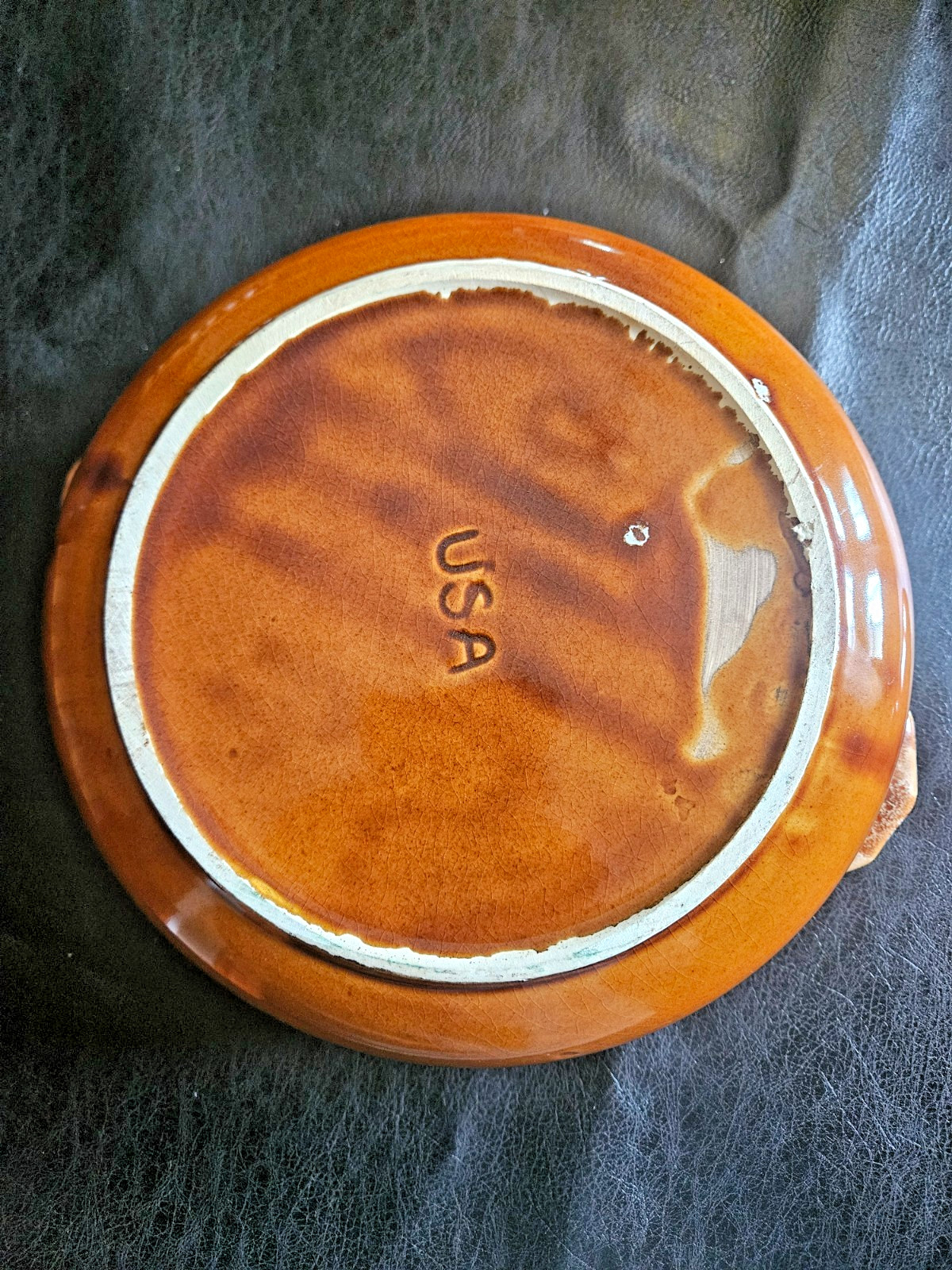 Vintage USA Pottery Stoneware Covered Casserole Dish Drip Glaze Brown Tan