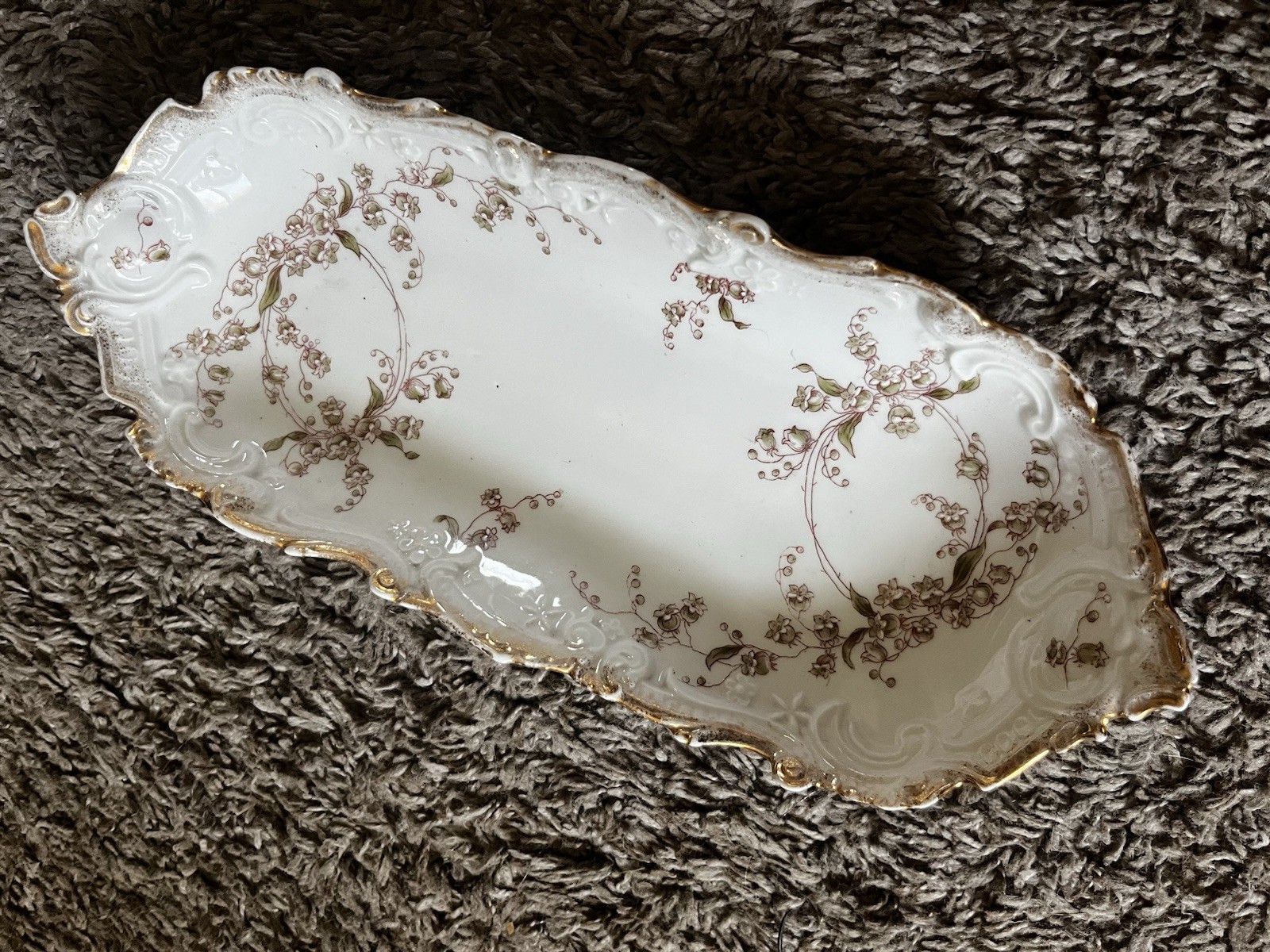 Antique Porcelain Floral Oval Platter 13 in White Pink Green Gold Trim pretty!