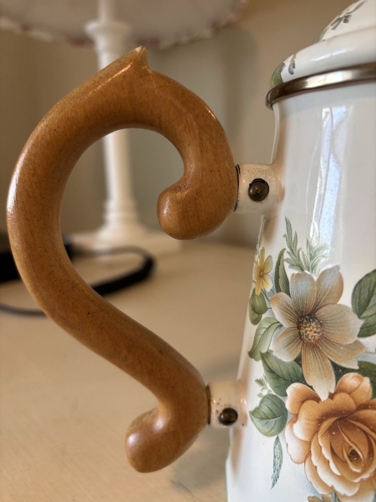 MacKenzie Childs VTG Camp Beige Floral Teapot Enamel Wood Handle