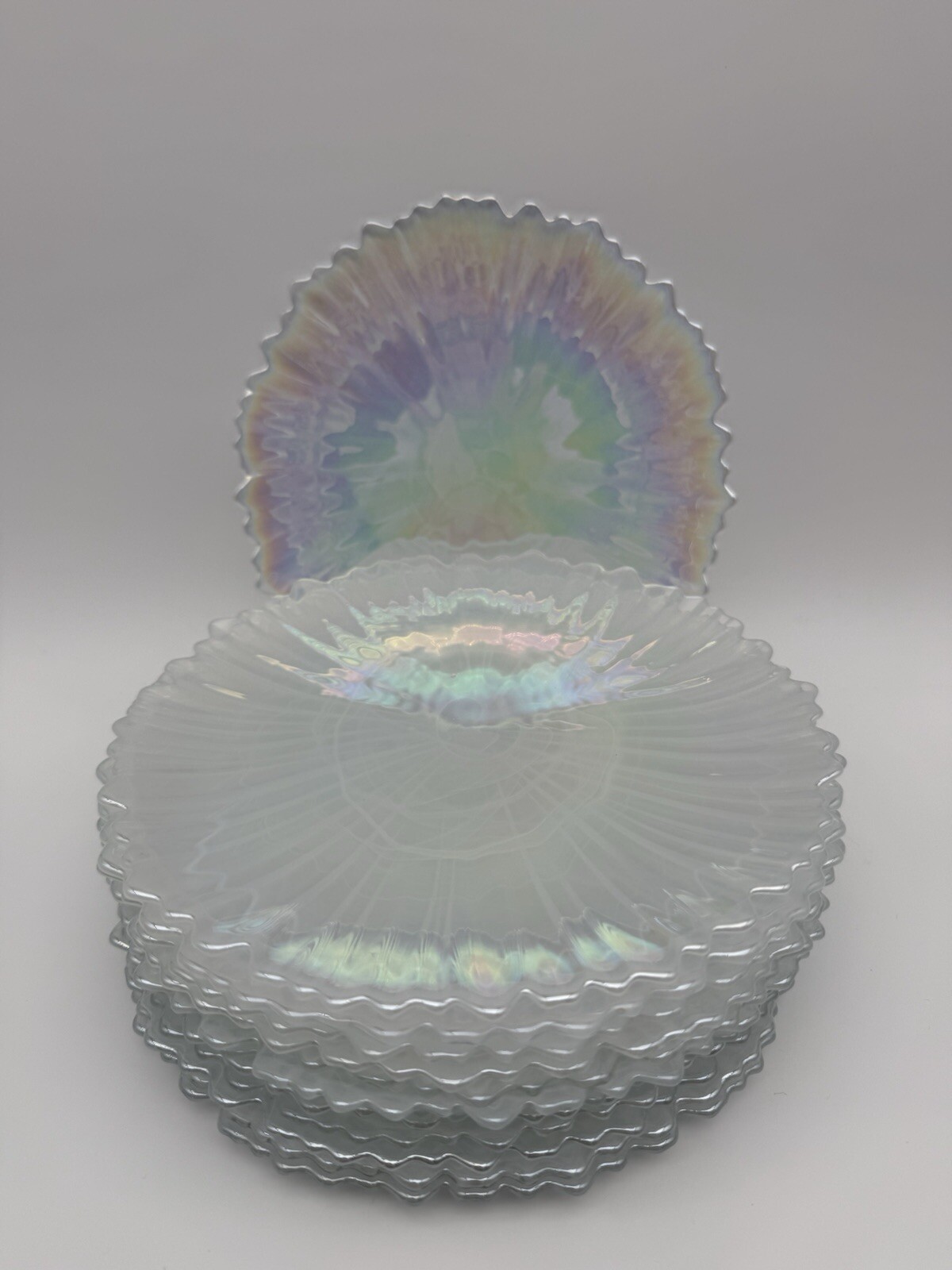 Gorgeous Multicolor Alabaster Swirl Opal Iridescent 8” Salad Plate Set (13)