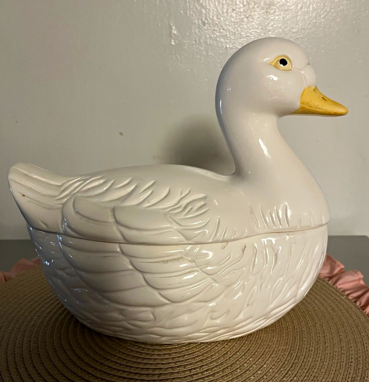 Vintage white ceramic duck soup tureen or duck on a nest! Very Pretty!!