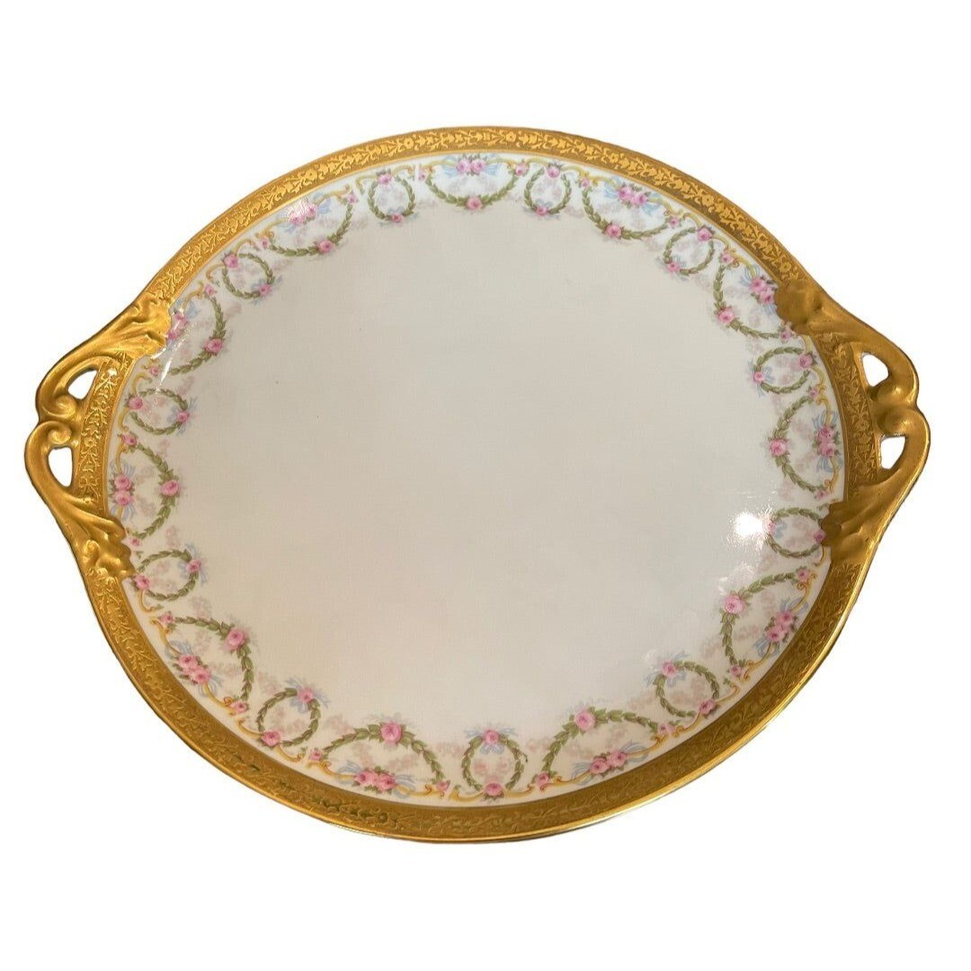 Redon Handled Cake Plate Rose Garland Wreath Pattern Vintage 11″ Gold Verge