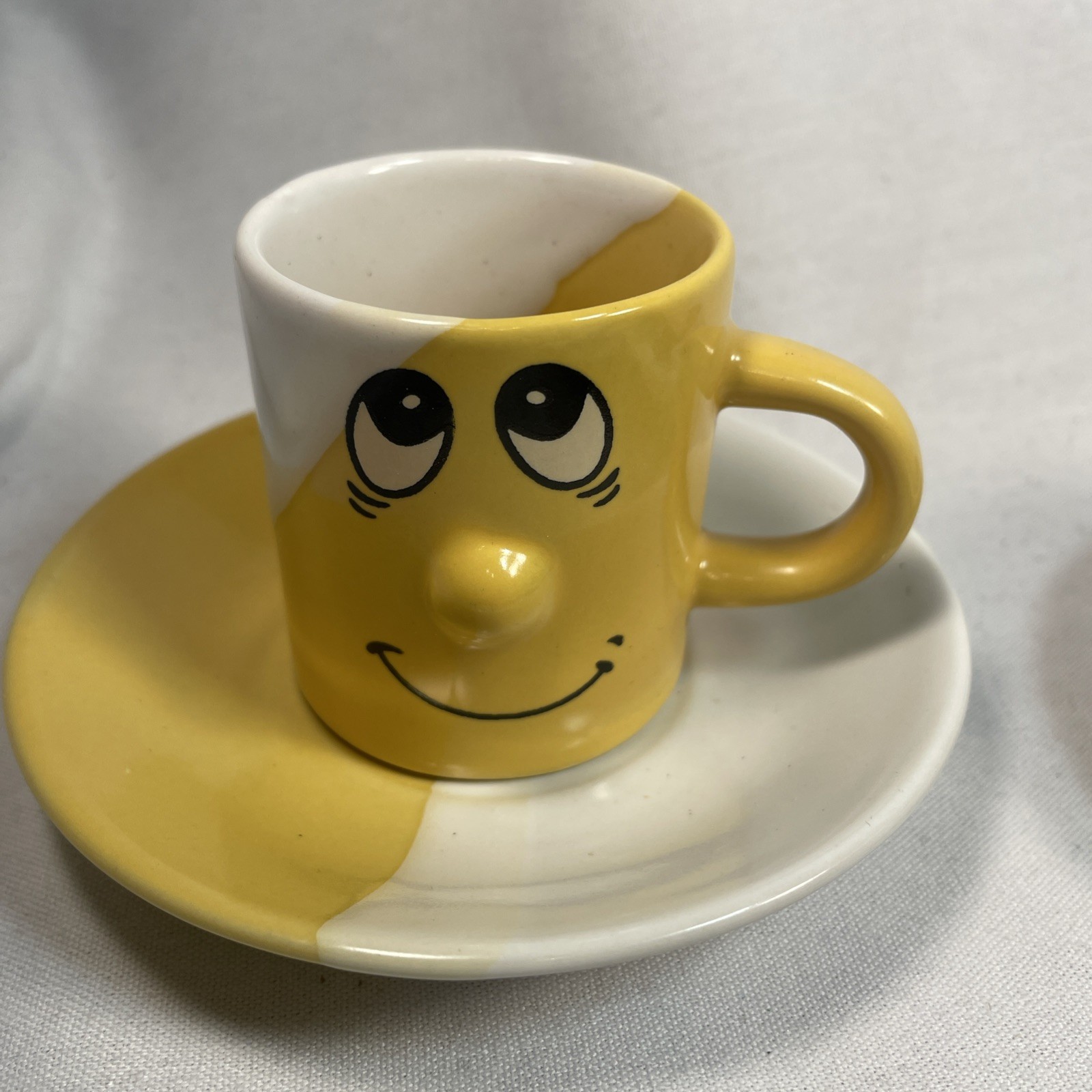 Funny Face Espresso Demitasse Coffee Mugs~Matching Saucers Ceramic 2.25” Kitschy