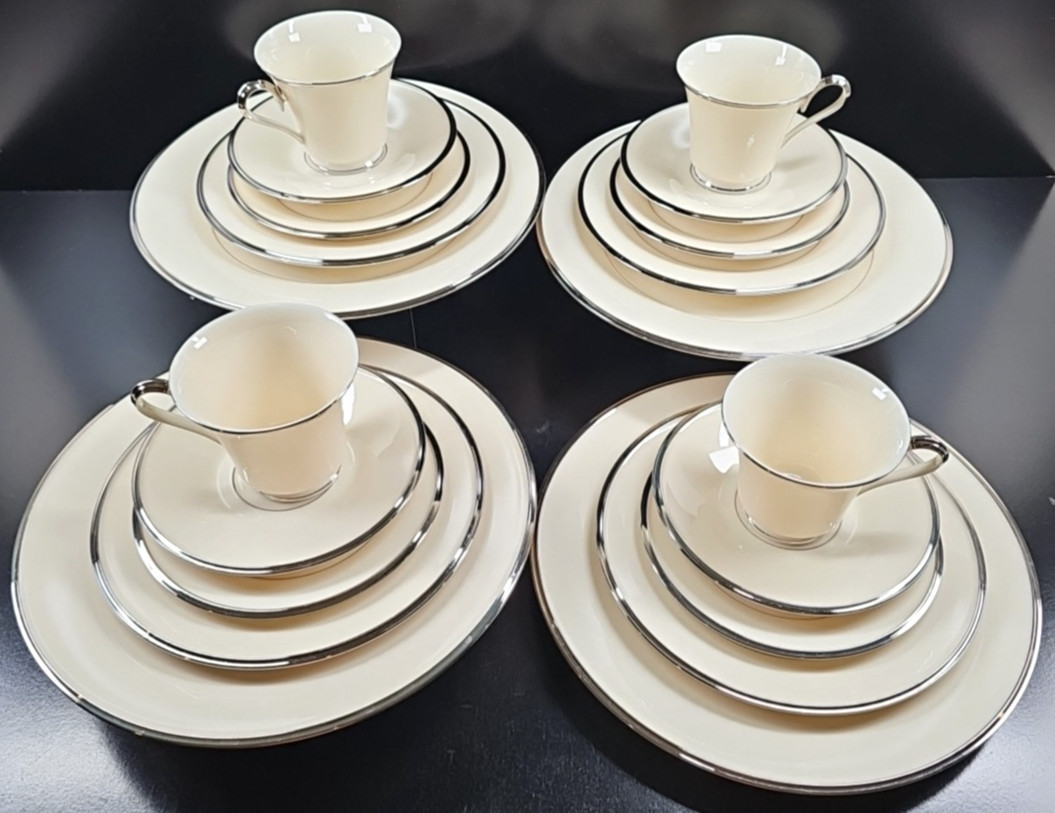 4) Lenox Solitaire 5 Pc Place Setting Vintage Elegant Platinum Dining Dishes Lot
