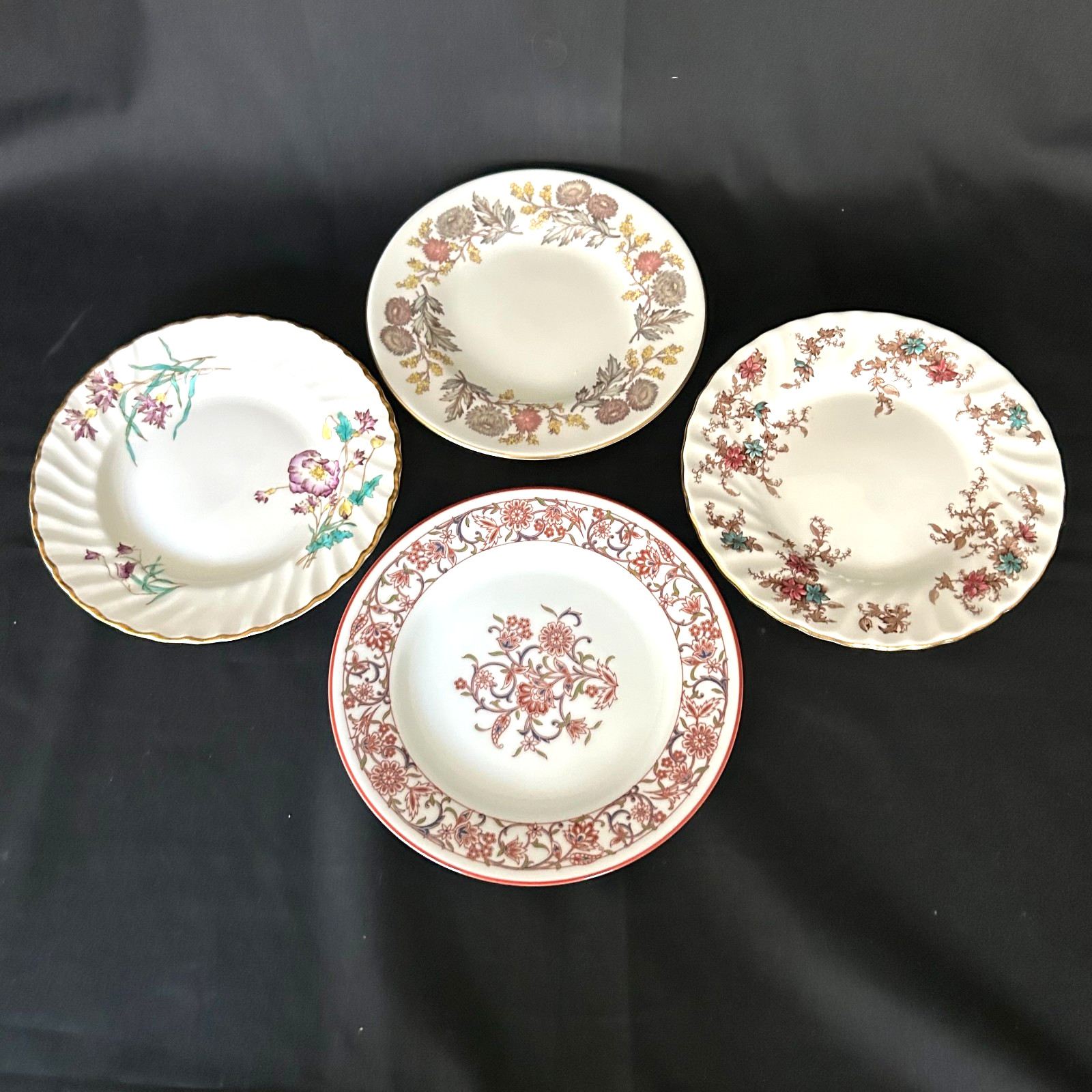 Vintage Mismatched Fine China Bread Dessert Party Plates – 4 Red Purple Florals