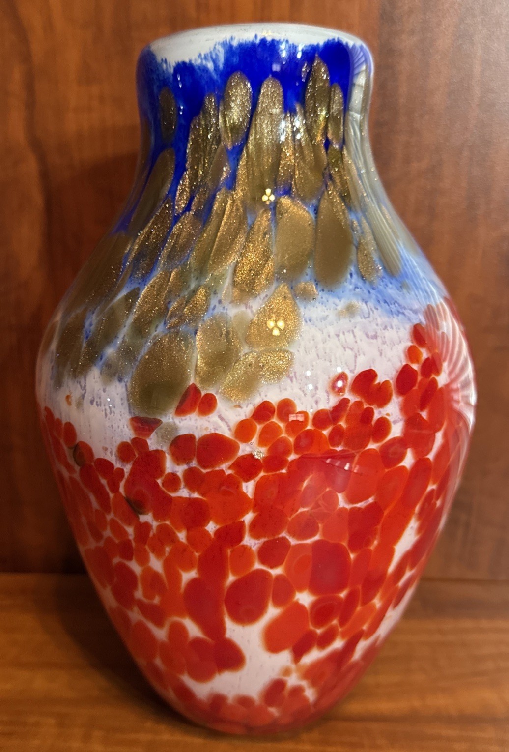 HANDBLOWN ART GLASS VASE Red Yellow Green Blue Gold White 9.5” H Multicolor