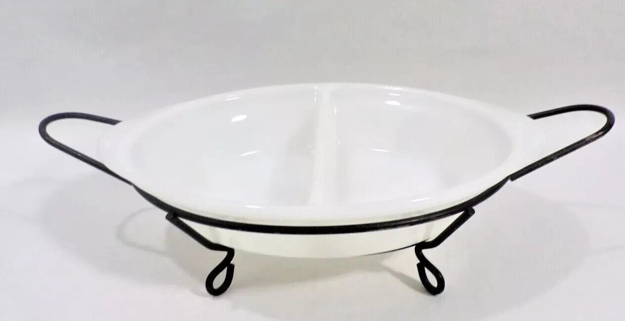 Vintage GLASBAKE J-239 WHITE Divided Oval CASSEROLE DISH & METAL SERVING STAND