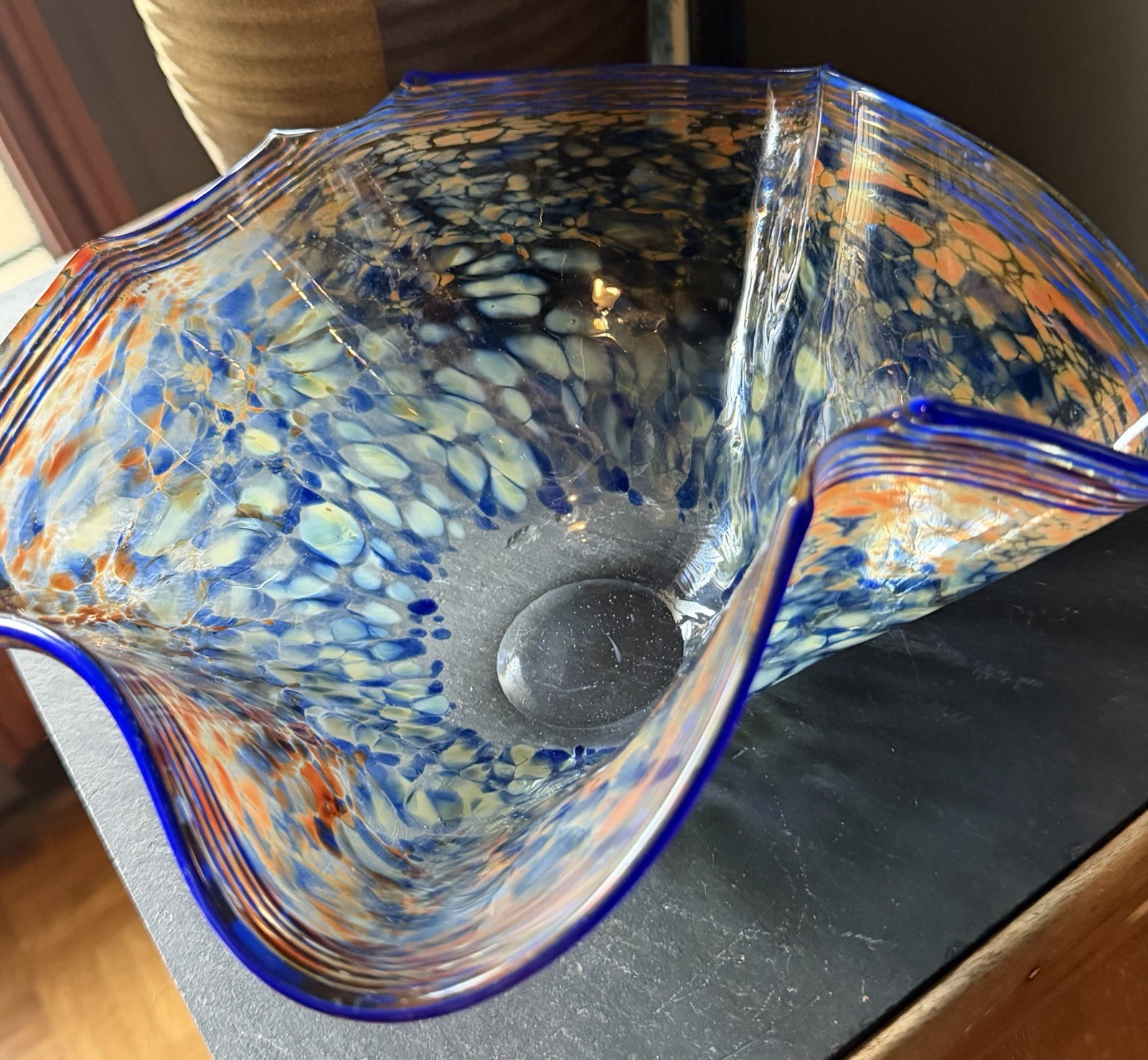 Vintage 1987 David Hershey Signed Blown Art Glass Ruffled Wave Bowl Confetti