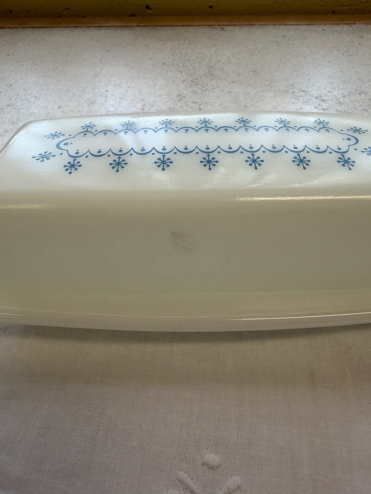 Vintage Pyrex Butter Dish Milk glass With Blue Snowflake Garland