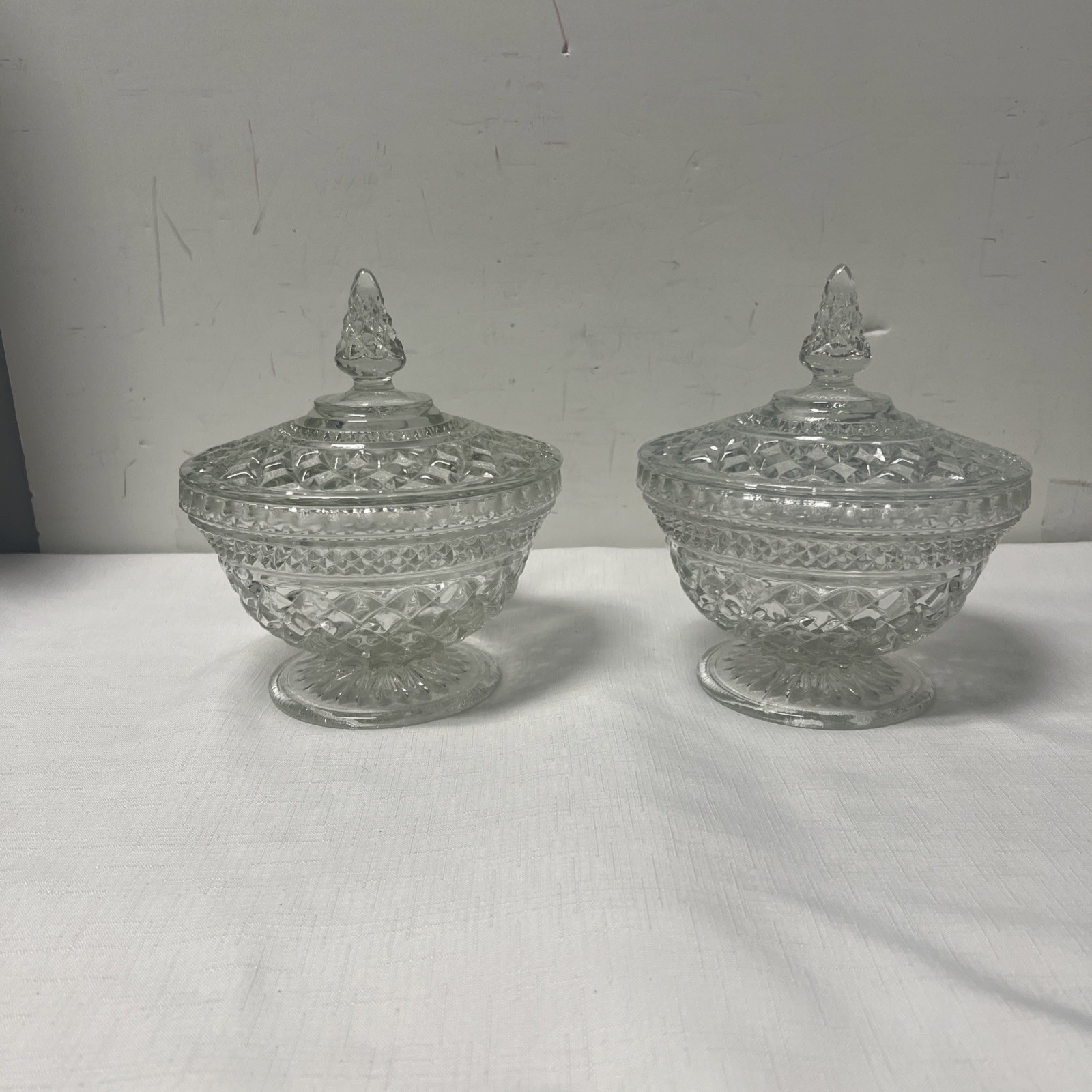 Lot Of 2 Vintage Anchor Hocking Wexford Diamond Pointed Clear Candy Dish W/lid