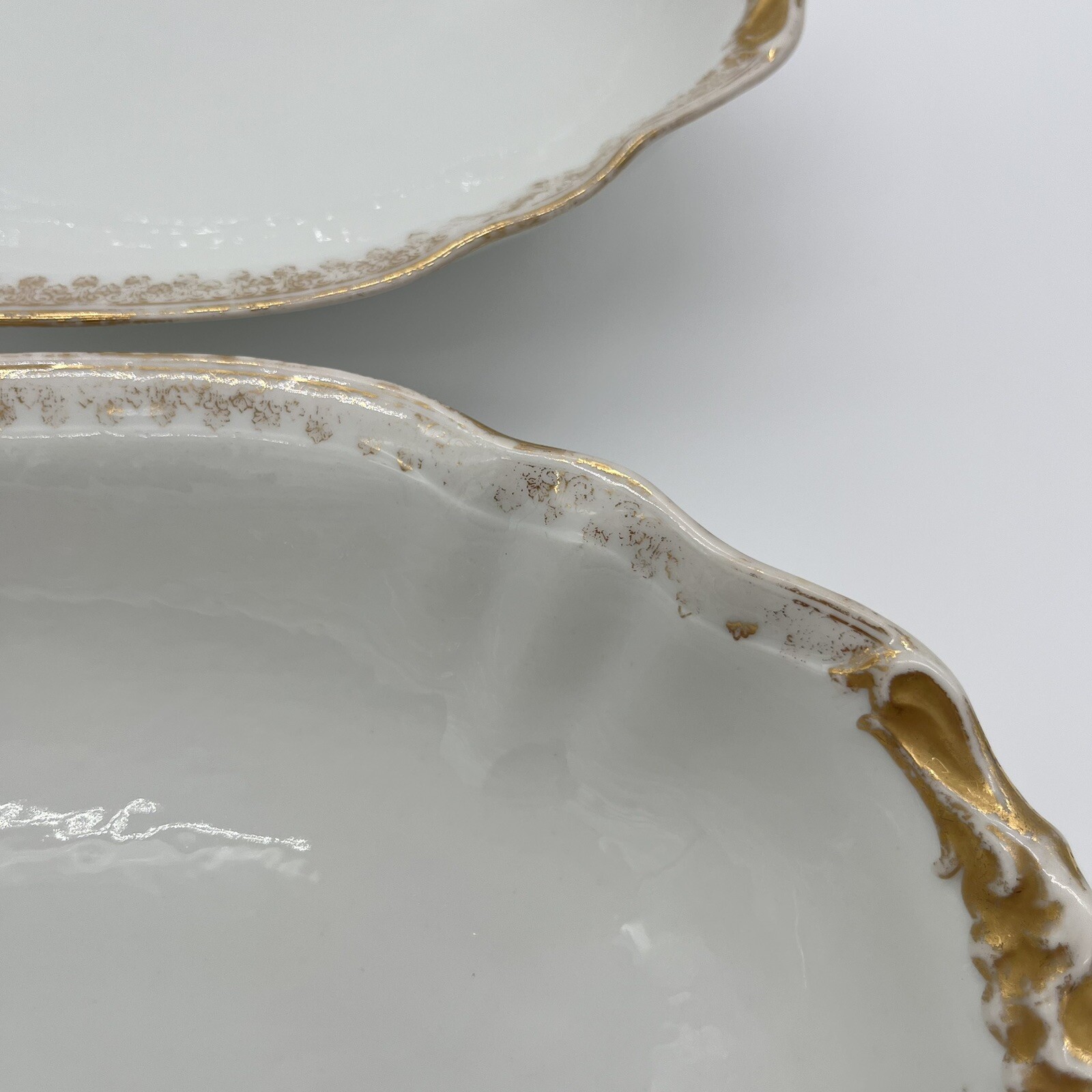 TWO Gorgeous White with Gold Trim T&V France Oval Serving Bowls 10” x 7.75”