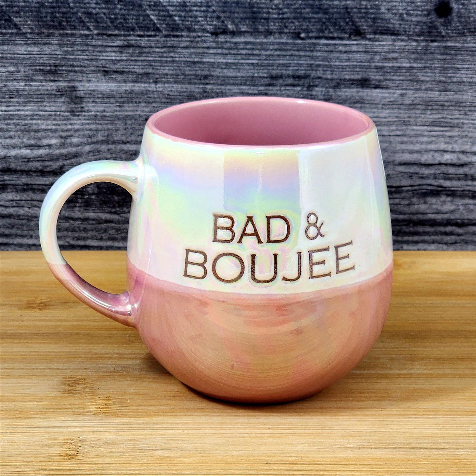 Bad & Boujee Mug Luster Glaze Pink Ceramic Coffee Cup Funny Glam Blue Sky 21oz
