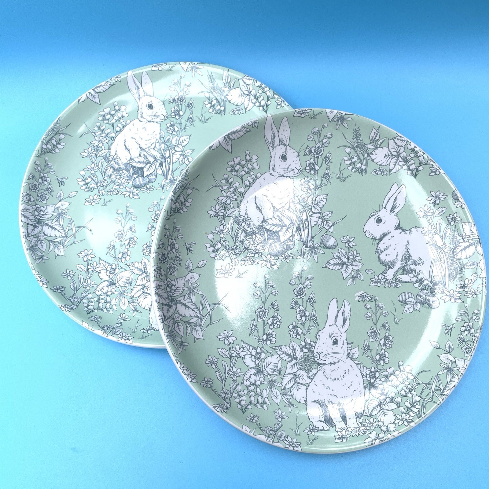 Martha Stewart 2 Bunny Plates 8.5″ Salad Plates DW Safe Porcelain Garden Rabbit