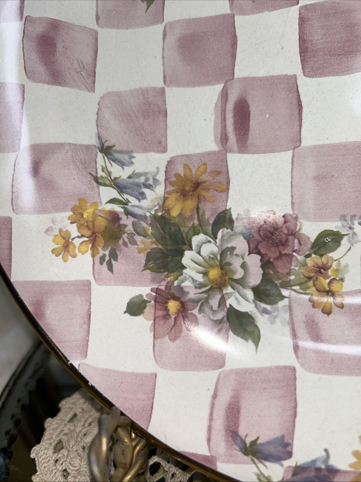 1990’s Mackenzie Childs “Rose Petal” Pink White 12” Cabinet Plate Lemon Curd