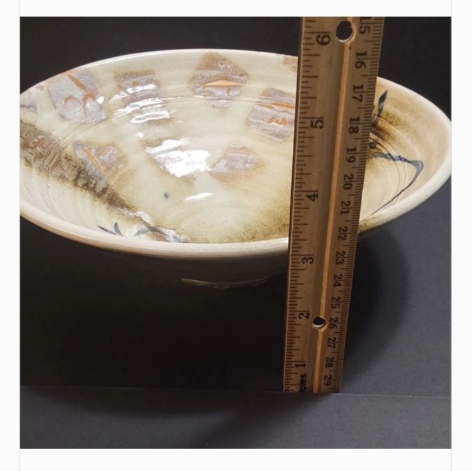 Handmade Studio Crafted Ceramic Bowl Blue Beige Abstract Round 9 in diameter