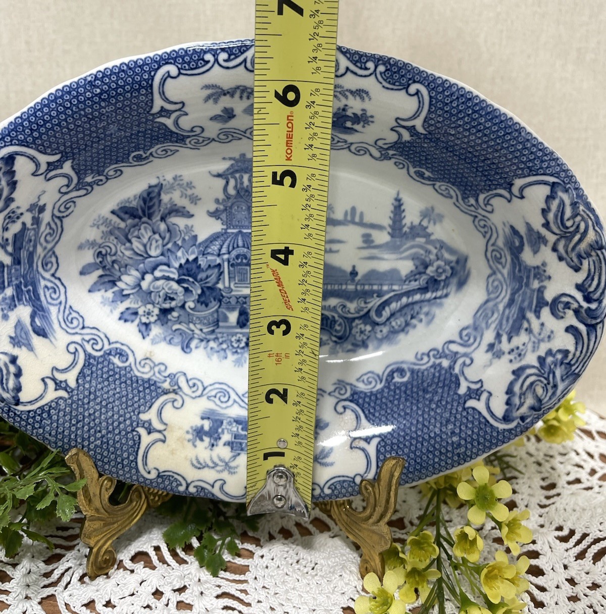 Allertons Chinese Blue Oval Serving Vegetable Bowl Pagodas 9 In OLD Back Stamp
