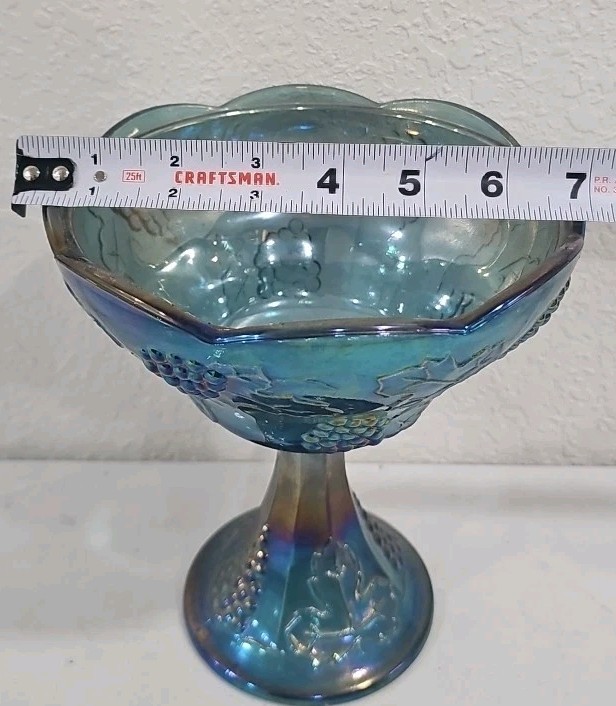 Vtg Iridescent Blue Carnival Glass Candy Dish Pedestal Bowl Grape Indiana 8″