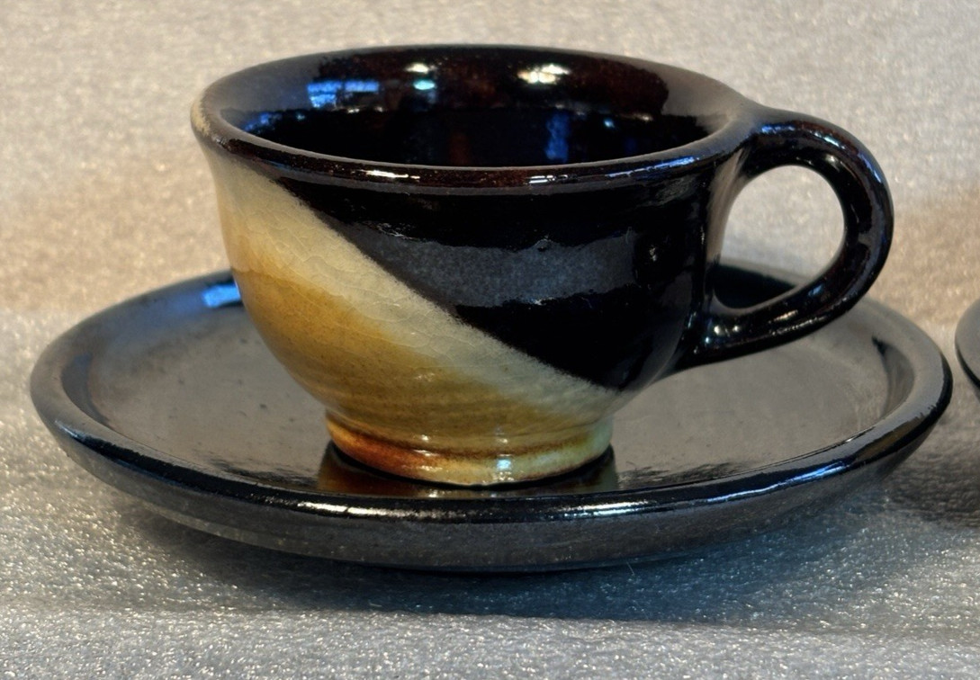 Studio Ceramic Pottery 2 cups & 2 Saucers Hand-Made Black Brown Yellow