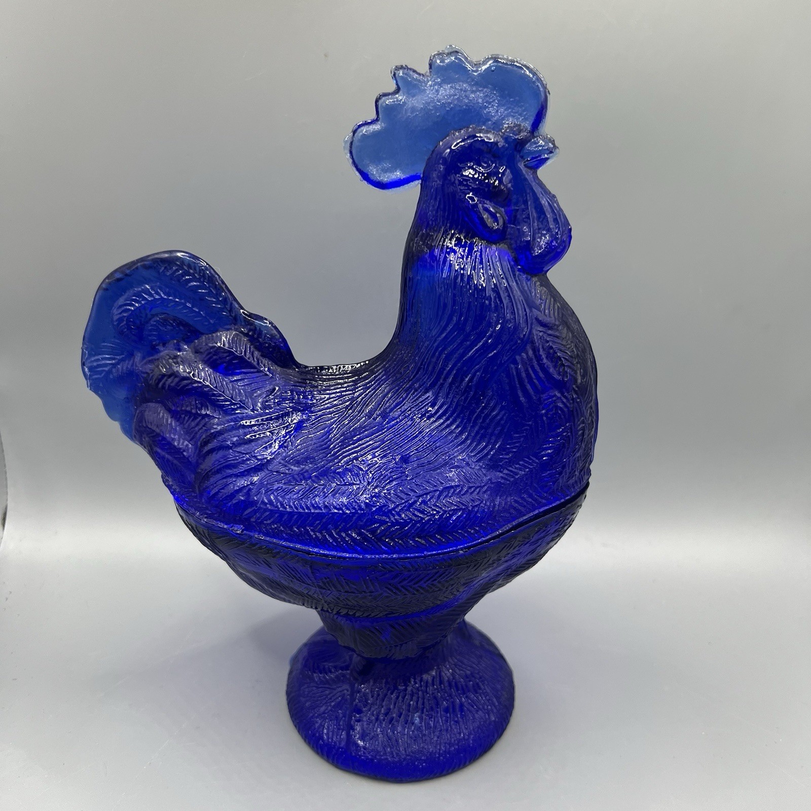 Vintage Westmoreland Glass Cobalt Blue Standing Rooster Candy Dish 8 1/2″
