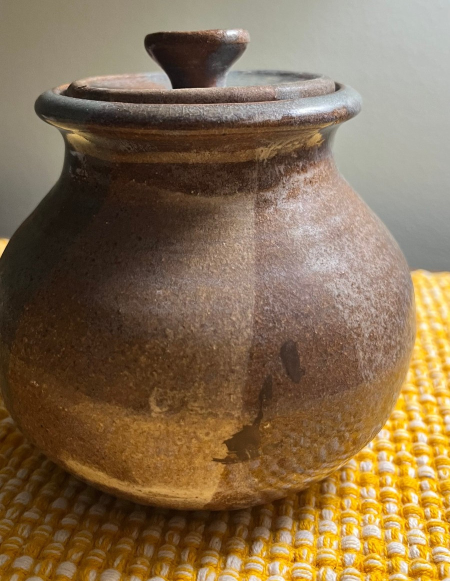 Stoneware Pottery Lidded Ceramic Jar Colored w/Brown, Tan Grey Glaze