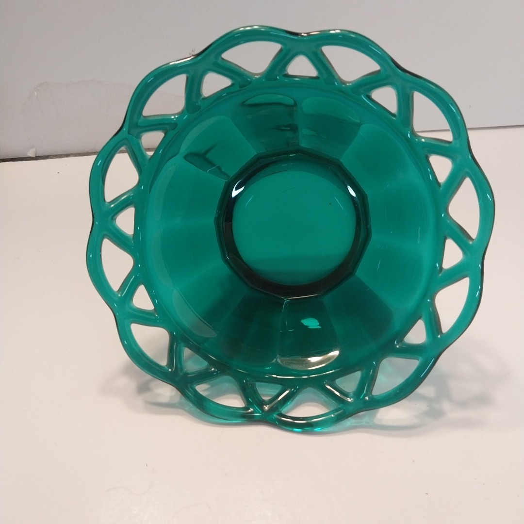 Vintage Dark Teal Green Glass Imperial Lace Bowl Dish Filigree
