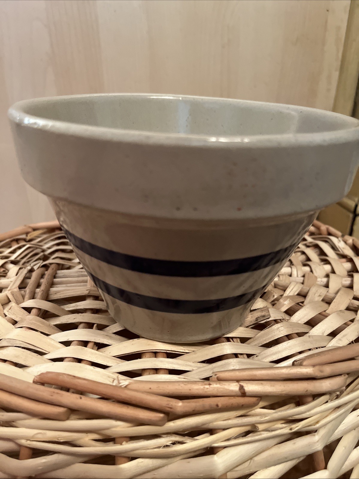 Vintage RRP Co Mixing 6” BOWL Roseville Ohio USA Blue Stripe Stoneware Pottery