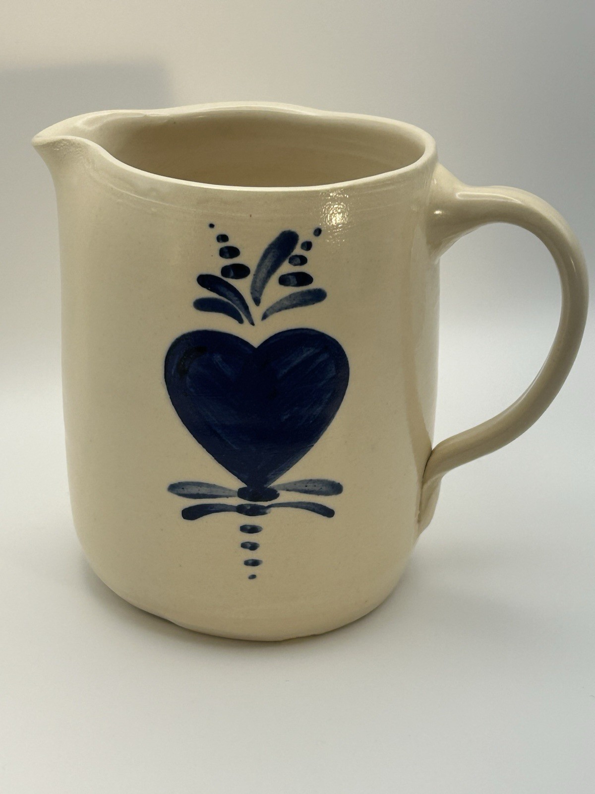 East Texas Pottery Small 4 1/2” Pitcher w Handpainted Blue Heart, Marshall, TX