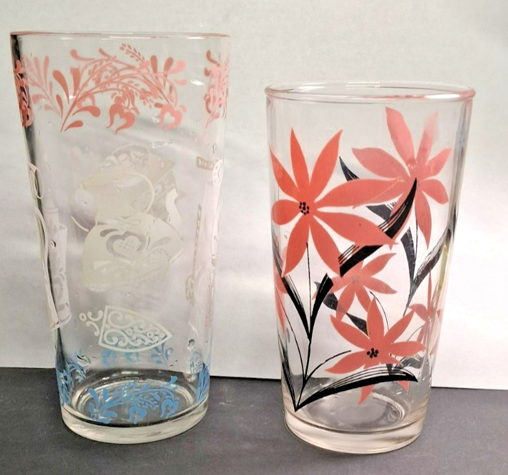 Vintage Hazel-Atlas Drink Glasses ‘Kitchen Aids’ & ‘Pink Poinsettia’ ~ 1950s
