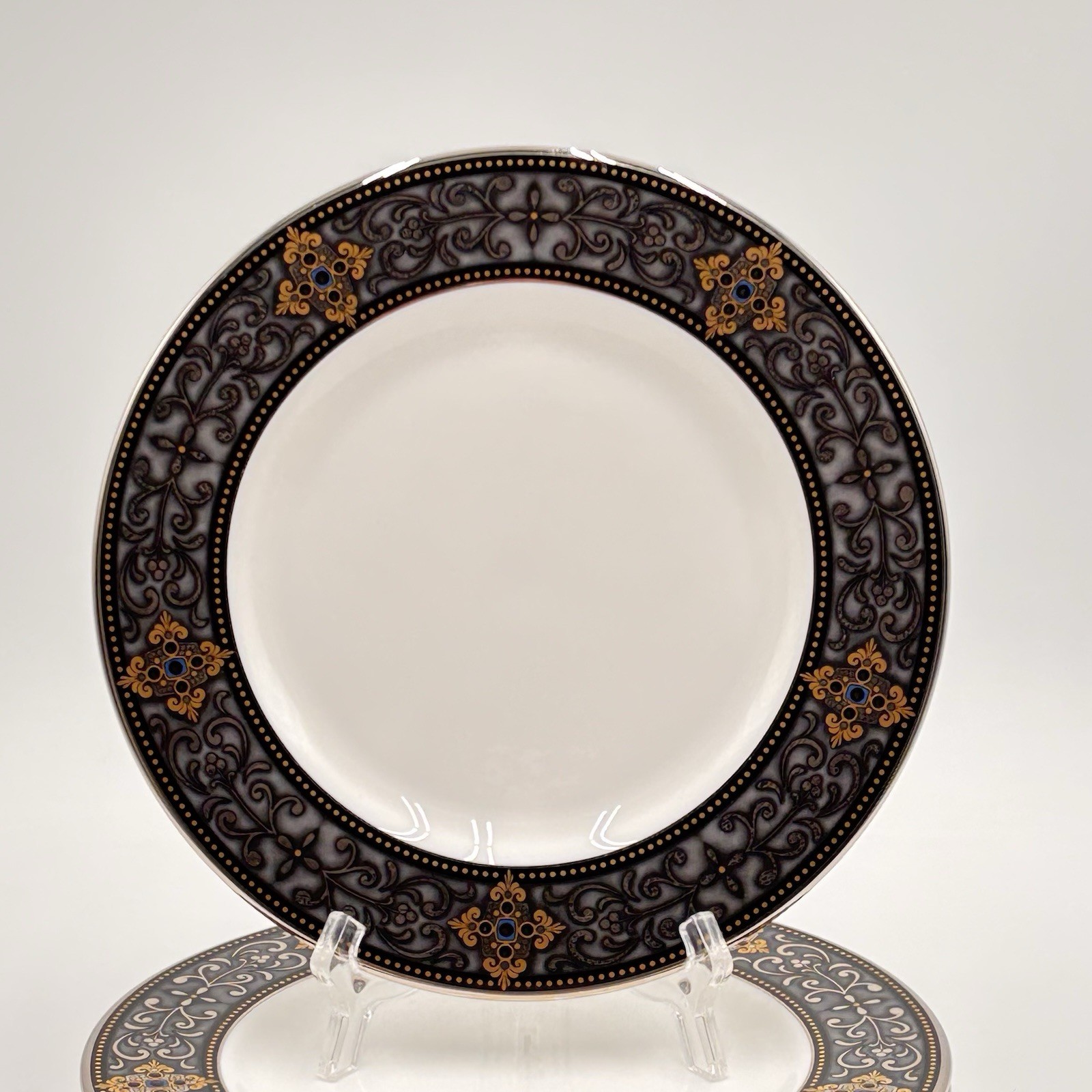 Lenox Vintage Jewel Gold Platinum Ornate Black Border Salad Plates 8 1/8” Set 4