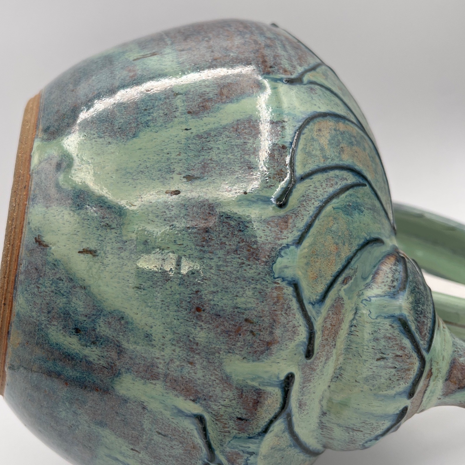 Artisan studio Pottery Teapot Signed large Glazed Stoneware Blue Green vtg