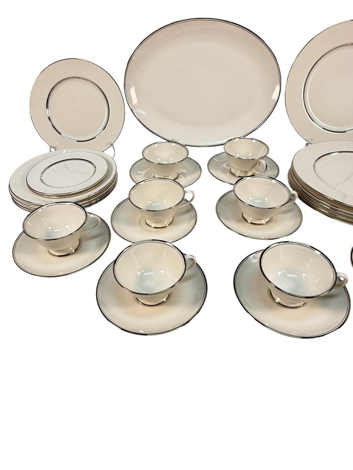 Vintage Flintridge China Mirador Bon-Lite Platinum Trim Dinnerware Set 29pc MCM