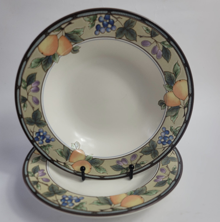 TWO Mikasa Intaglio Garden Harvest Rim Soup Bowls Fruit and Leaves on Rim