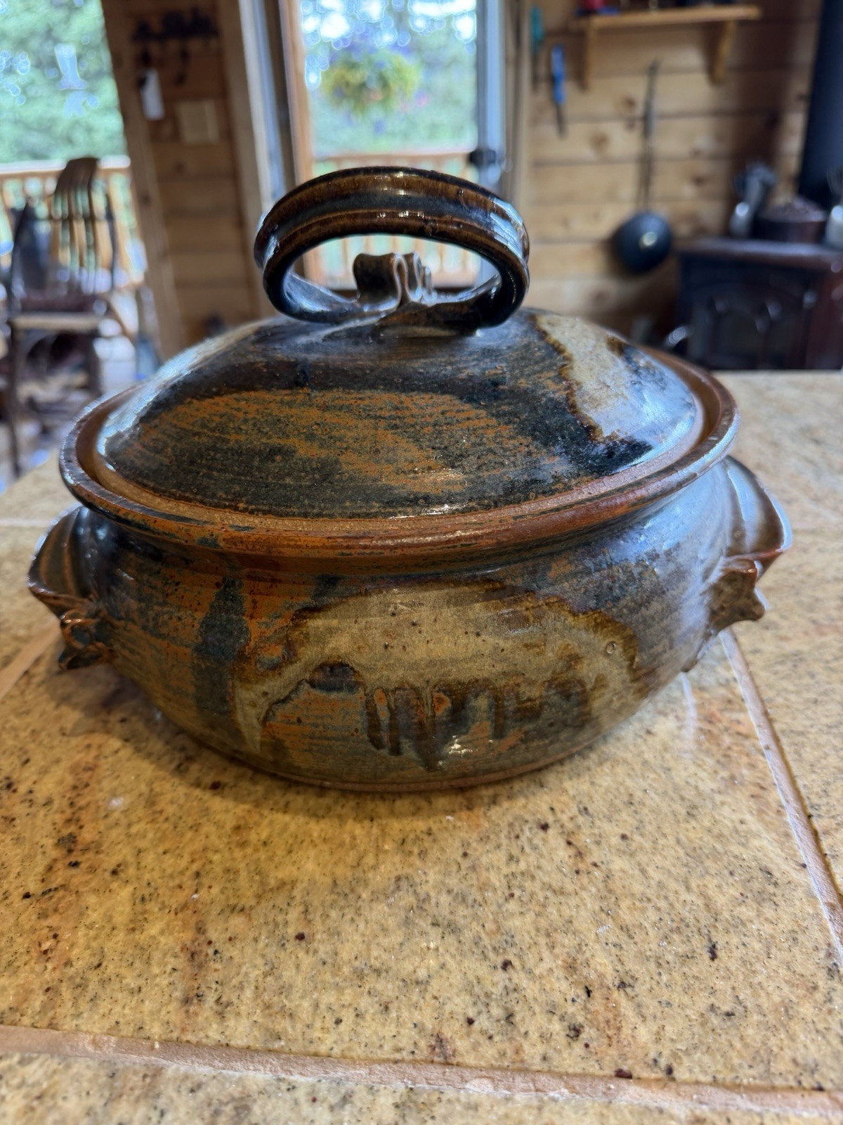 Handmade Pottery Stoneware Round Lidded Casserole w/ Handles Brown Blue