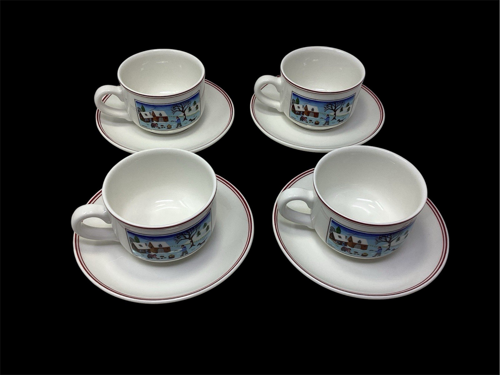 Vtg Villeroy & Boch Naif Christmas (4) Cup and Saucer Sets Porcelain