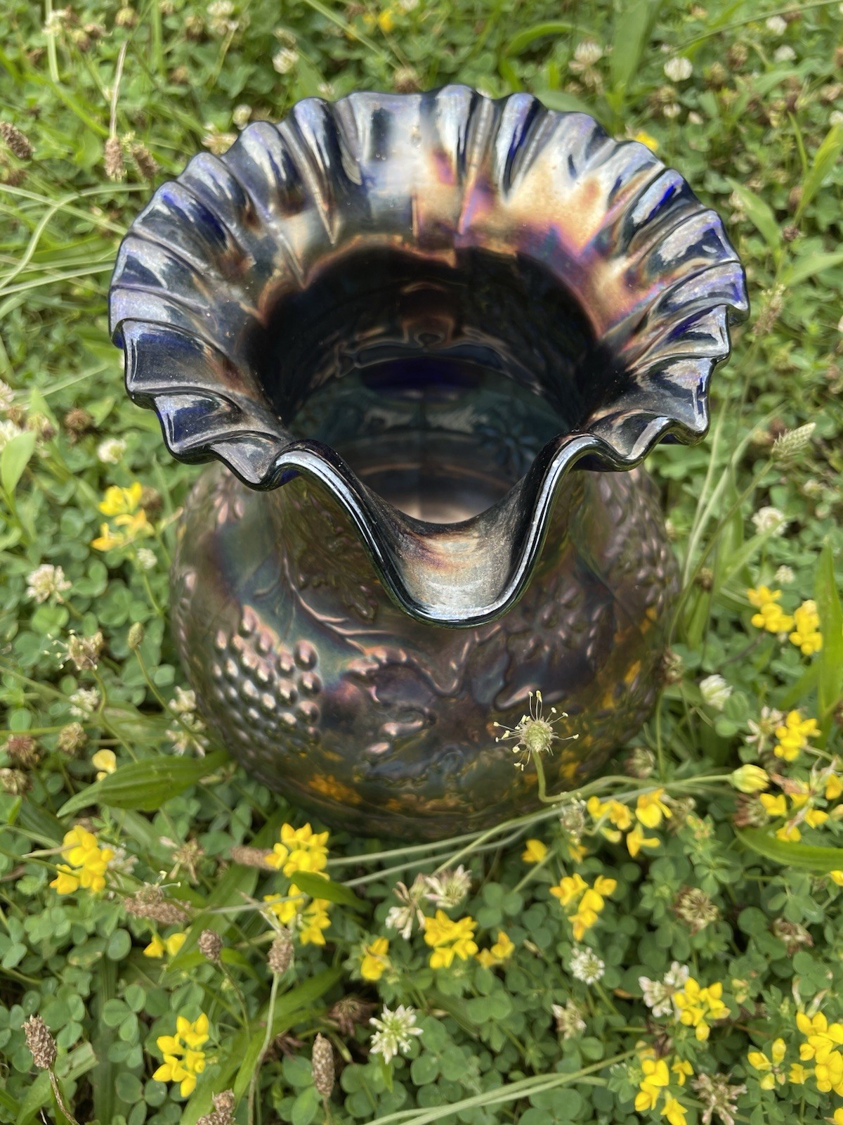 Rare 1910s Antique Iridescent Fenton “Flower & Grape” Carnival Glass Vessel USA